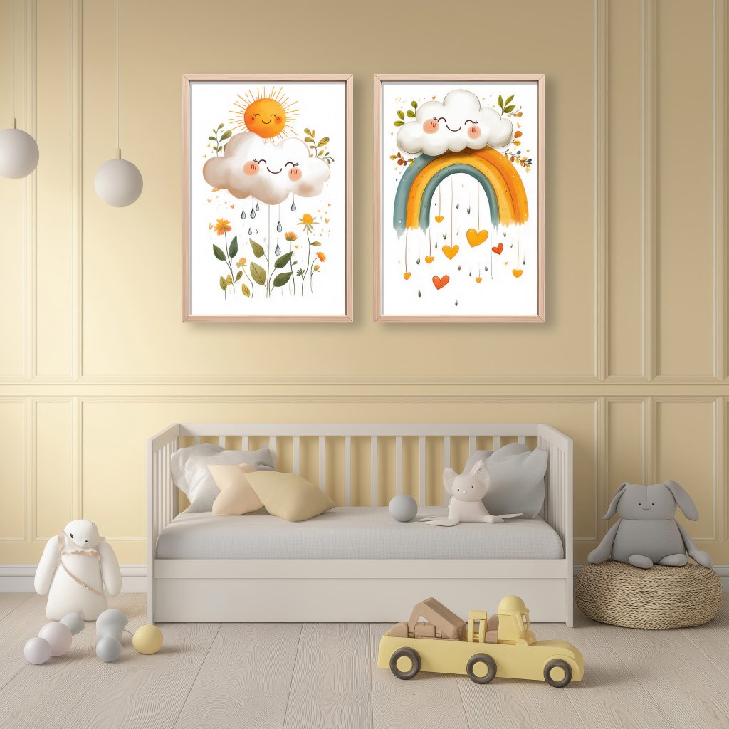 Two nursery wall art prints featuring a smiling sun, clouds, and rainbow in a pastel yellow room.