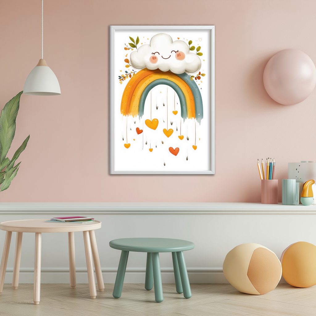 Rainbow and cloud printable poster displayed in a pastel pink kids’ room.