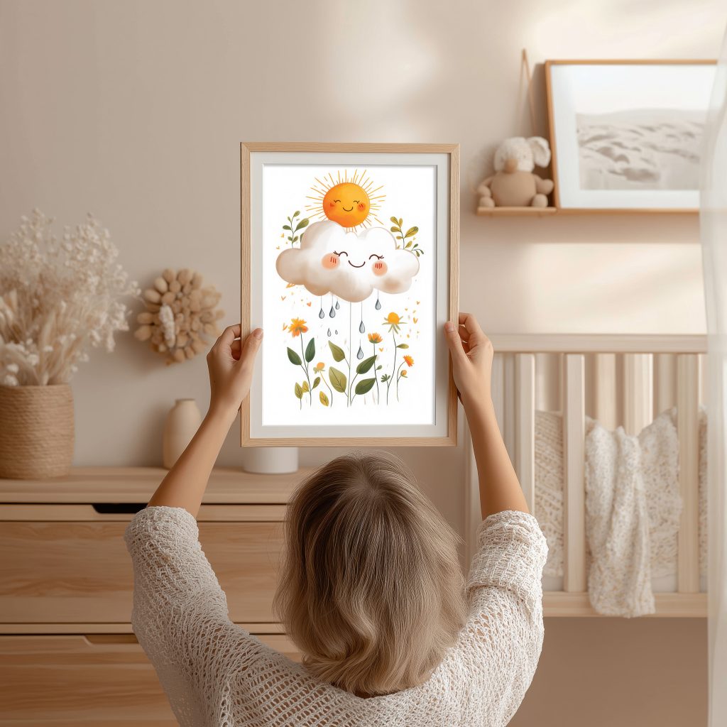 Woman holding a framed nursery print of a smiling sun and cloud above wildflowers